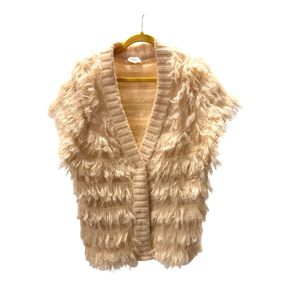 bohme Cream Textured Fringe Open Cardigan Sweater